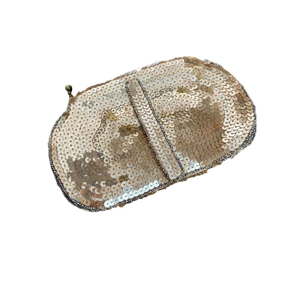 Vintage Sequin Clutch Purse Womens Small Gold Beaded Abstract Czechoslovakia - Picture 2 of 4